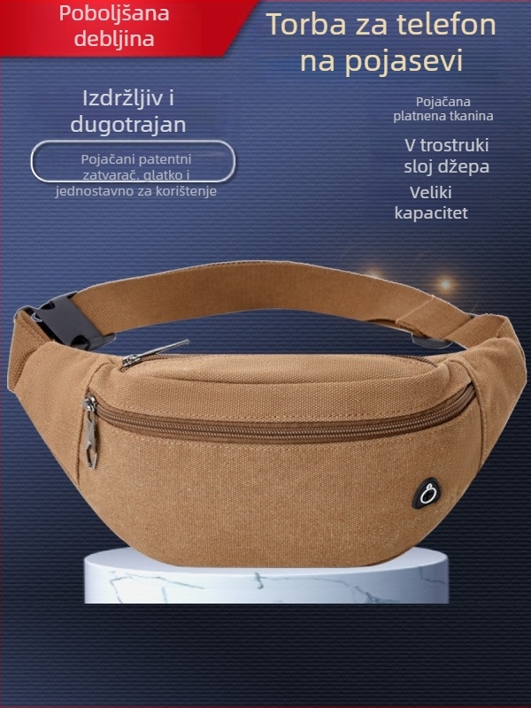 Muška platnena torbica za pojas, s više pretinaca, otporna na habanje, za rekreaciju i putovanja (platno; otporna na habanje; više pretinaca; rekreacija/putovanja)
