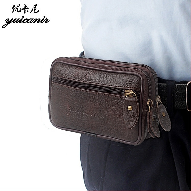 Muška pojasna torbica za telefon i ID, prirodna koža, vodoravni kvadratni oblik, zatvarač, poliester podstava od poliester