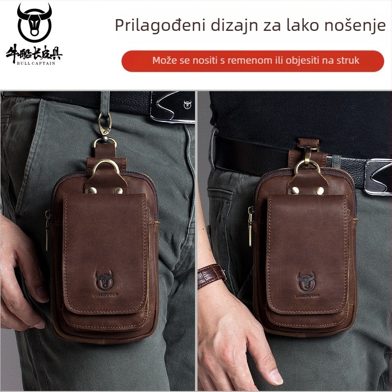 Muška torbica oko struka — koža goveđeg podrijetla, vrhunski sloj, završna obrada uljni vosak, prozračna, otporna na habanje, antifurt, jednobojna, za slobodno vrijeme putovanja