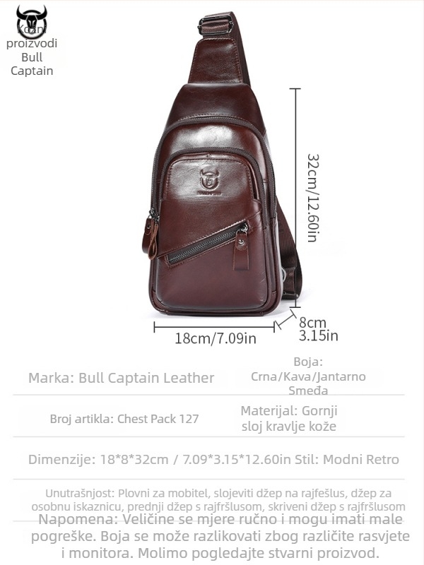 Muška kožna torbica za prsa, vrhunska koža prvog sloja, velika kapaciteta, pogodi 8-inčni tablet, crossbody dizajn, prozračna i vodootporna