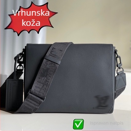 Muška messenger torbica od prave kože, crossbody/ramena, prvog sloja goveđe kože, crna, pogodna za 10-inčni prijenosnik