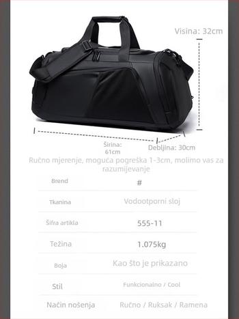 Muška vodootporna putna torba s odjeljkom za suho/mokro, kapacitet 36–55 L, gradski stil, podstava od poliestera i pamuka