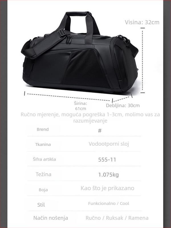 Muška vodootporna putna torba s odjeljkom za suho/mokro, kapacitet 36–55 L, gradski stil, podstava od poliestera i pamuka