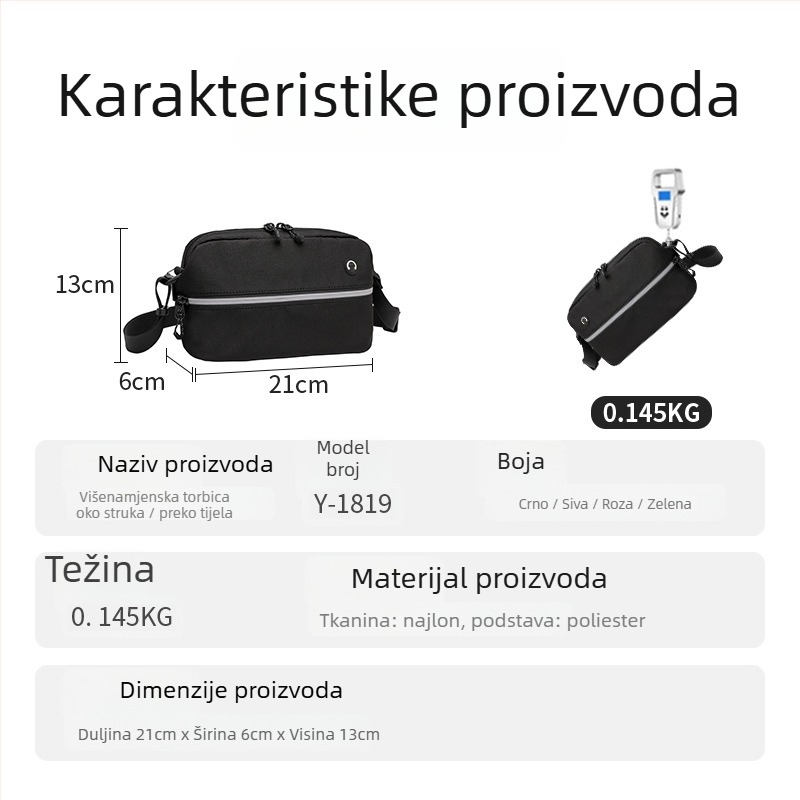 Višenamjenska torba za križni/rameni i struk – najlon, vodootporna, lagana, prozračna, reflektirajući noćni elementi