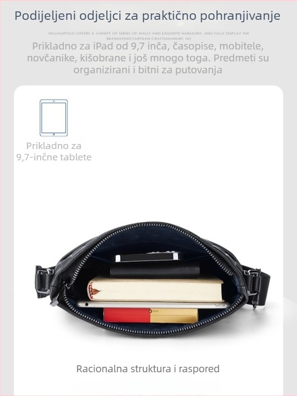 William Polo muška torba preko ramena od prave kože - jednobojna, podstava od poliestera, zaštita od krađe, poslovni stil putovanja