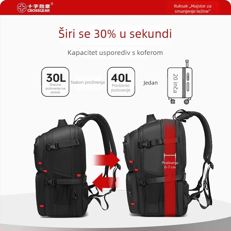 Crossgear Lagani ruksak za muškarce s križnim medaljom, 36-55L, najlon, vodootporan, za 15-inčni prijenosnik, gradski stil CAB159