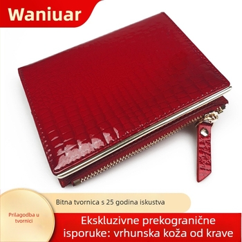 Waniuar ženski novčanik od prve sloje goveđe kože, kompaktni novčanik u stilu clutcha, teksturirana površina, poliester podstava