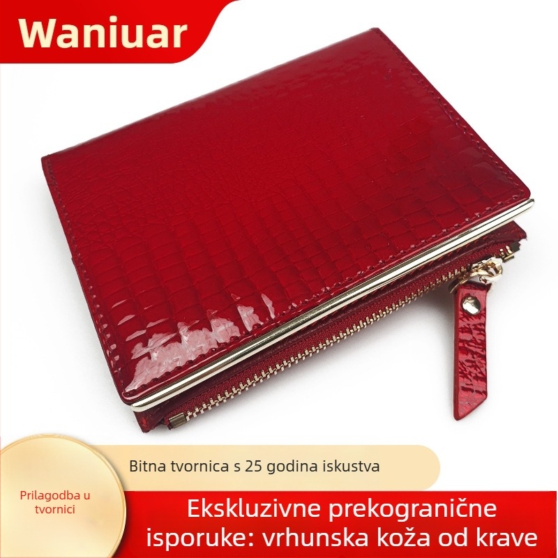 Waniuar ženski novčanik od prve sloje goveđe kože, kompaktni novčanik u stilu clutcha, teksturirana površina, poliester podstava