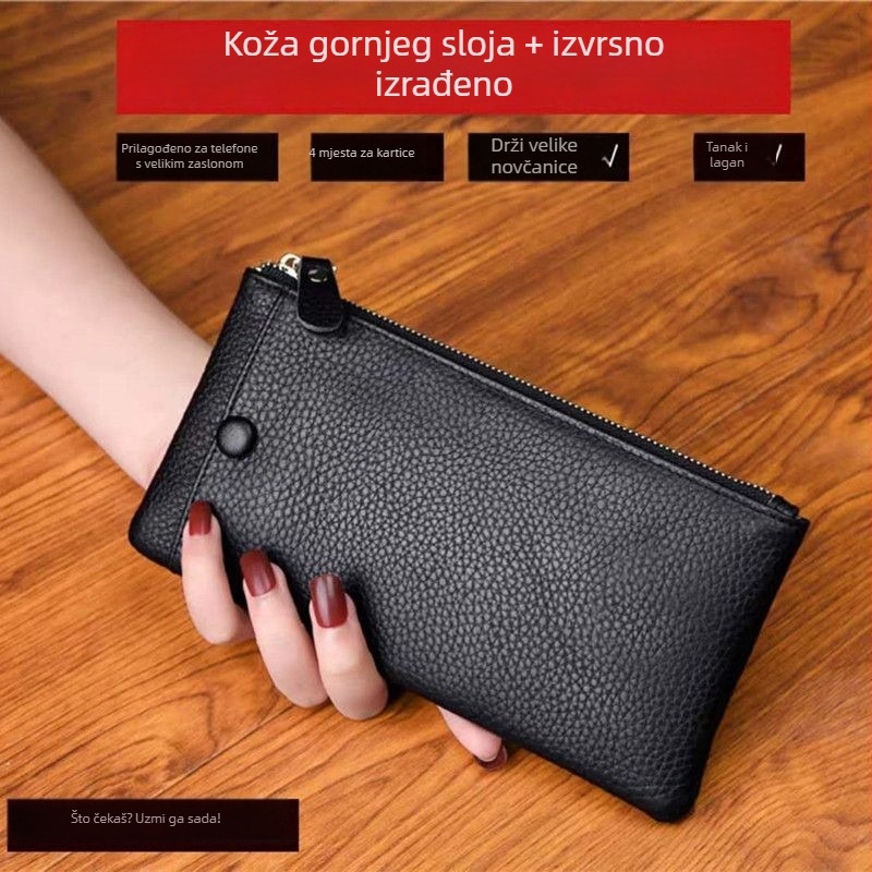 Duga žena novčanik od prve kože s pretincima za kartice i telefon — ultra-tanka, sa zipom, Yinse