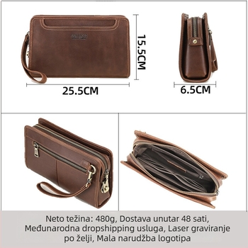 Black Angel muška kožna clutch torbica – poslovni elitni stil, koža prvog sloja, proširivanje i skladištenje, poliester podstava
