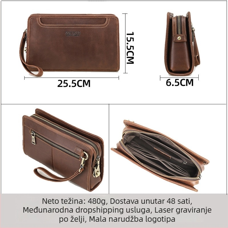 Black Angel muška kožna clutch torbica – poslovni elitni stil, koža prvog sloja, proširivanje i skladištenje, poliester podstava