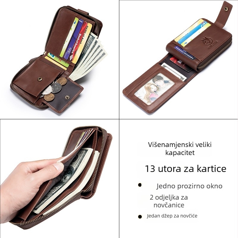 Muški horizontalni novčanik od kože prvog sloja, RFID zaštita, antimagnetna podstava, 2 preklopa, retro dizajn