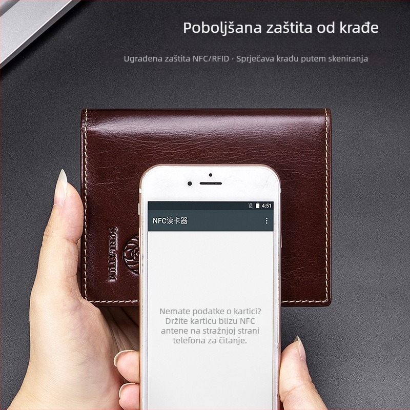 Muški kratki novčanik od prave kože s RFID zaštitom — prvi sloj teleće kože, anti-magnetna podstava, jednofarbni uzorak, uspravni dizajn