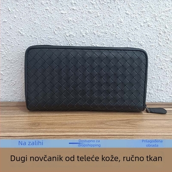 Nova muška dugačka kožna novčanik od prave kože, ručno pleteni, poslovno-udobnog stila, s višestrukim pretincima za kartice