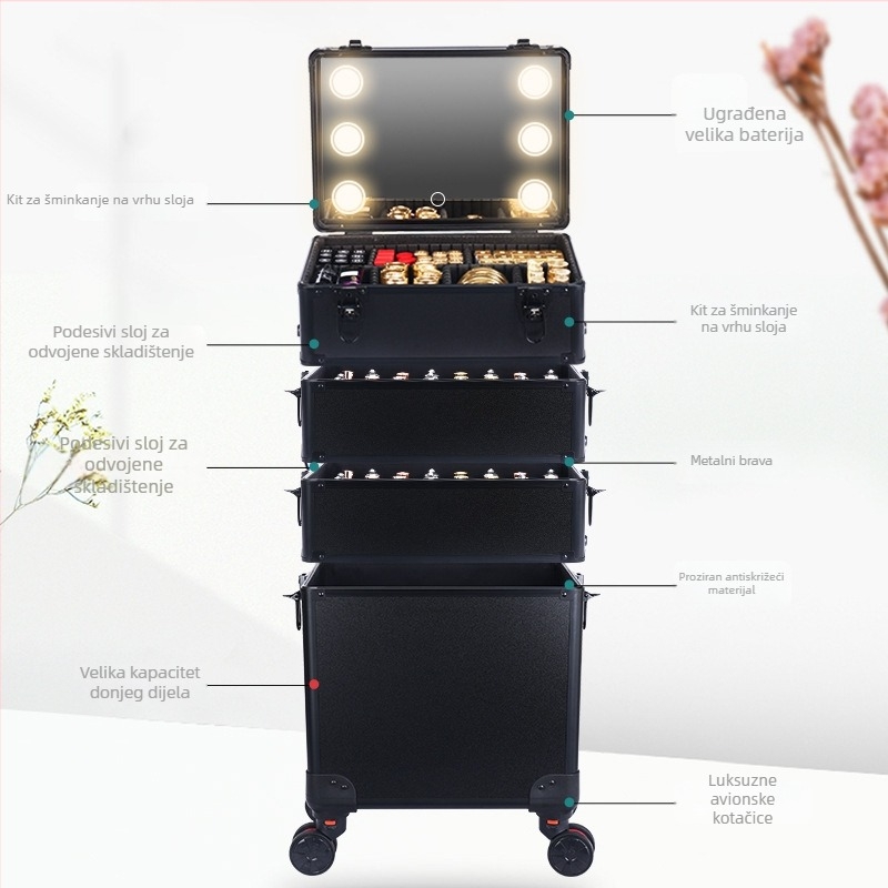 Veliki aluminijski višeslojni kozmetički kovčeg s LED ogledalom i osvjetljenjem, teleskopska ručka, univerzalni kotači, otvaranje na klik, težina 6–8 kg