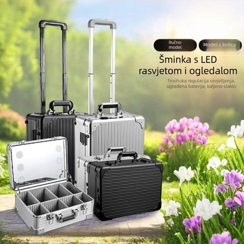 Kutija za šminku sa osvjetljenjem i staklenim ogledalom, EVA konstrukcija, prijenosni trolley, zaključavanje ključem Braunberg