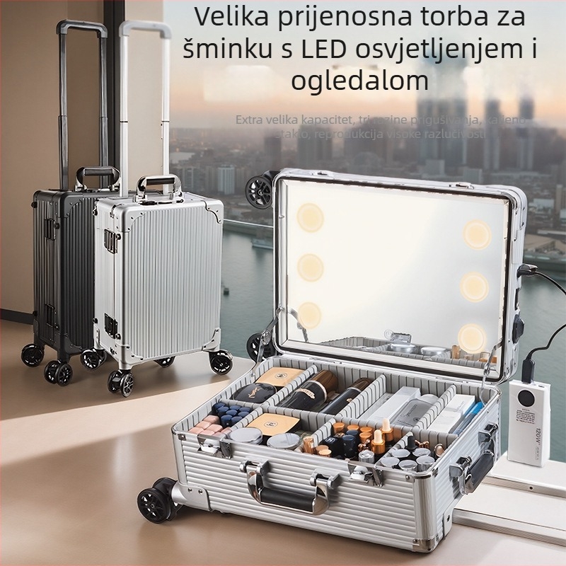 Kutija za šminku sa osvjetljenjem i staklenim ogledalom, EVA konstrukcija, prijenosni trolley, zaključavanje ključem Braunberg