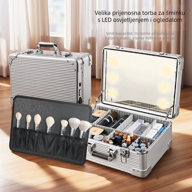 Kutija za šminku sa osvjetljenjem i staklenim ogledalom, EVA konstrukcija, prijenosni trolley, zaključavanje ključem Braunberg