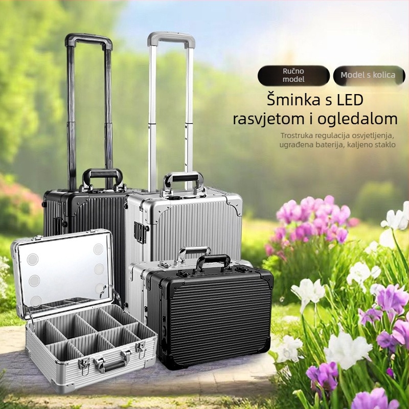 Kutija za šminku sa osvjetljenjem i staklenim ogledalom, EVA konstrukcija, prijenosni trolley, zaključavanje ključem Braunberg