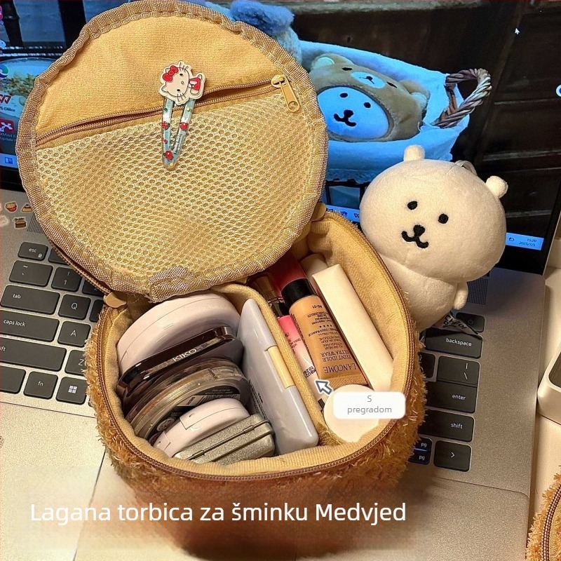 Kozmetička torbica s glavom medvjeda, ovalni 3D dizajn, baršunasta ovčja dlaka, prijenosni unisex kozmetički organizator