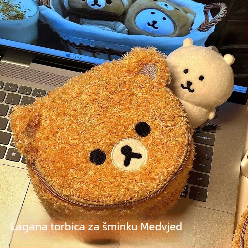 Kozmetička torbica s glavom medvjeda, ovalni 3D dizajn, baršunasta ovčja dlaka, prijenosni unisex kozmetički organizator