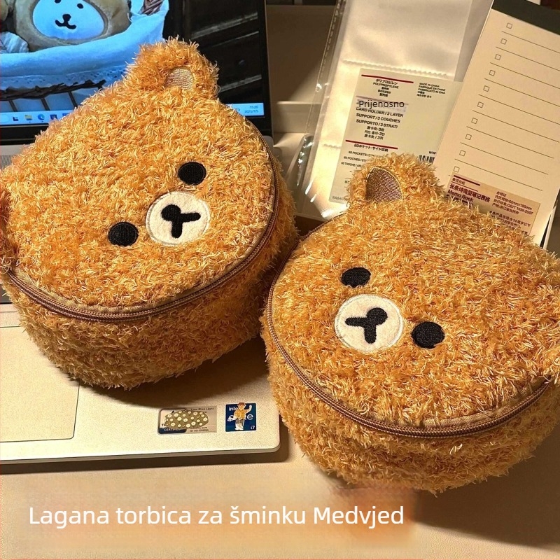 Kozmetička torbica s glavom medvjeda, ovalni 3D dizajn, baršunasta ovčja dlaka, prijenosni unisex kozmetički organizator