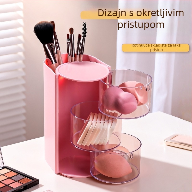 Kutija za kozmetičke alate s rotirajućim prašinu otporan poklopcem, višeslojni organizator spužvica za puder, plast, lagani luksuzni stil