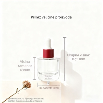 Ručna staklena boca s kapljicom, cilindričnim ploskim ramenom za esencijalno ulje; površinske obrade: sprej premaz, toplinski otisak, elektroplatina; prilagodljivo.