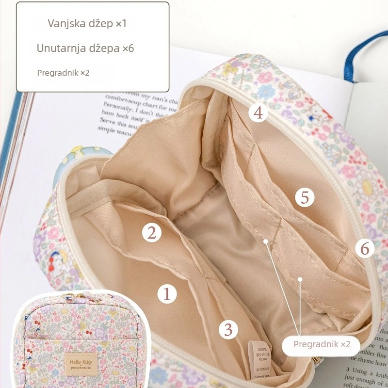 Kozmetička torbica s motivom crtane mačke, japanskog stila, Oxford platno, zatvarač, velika kapaciteta s pretincima