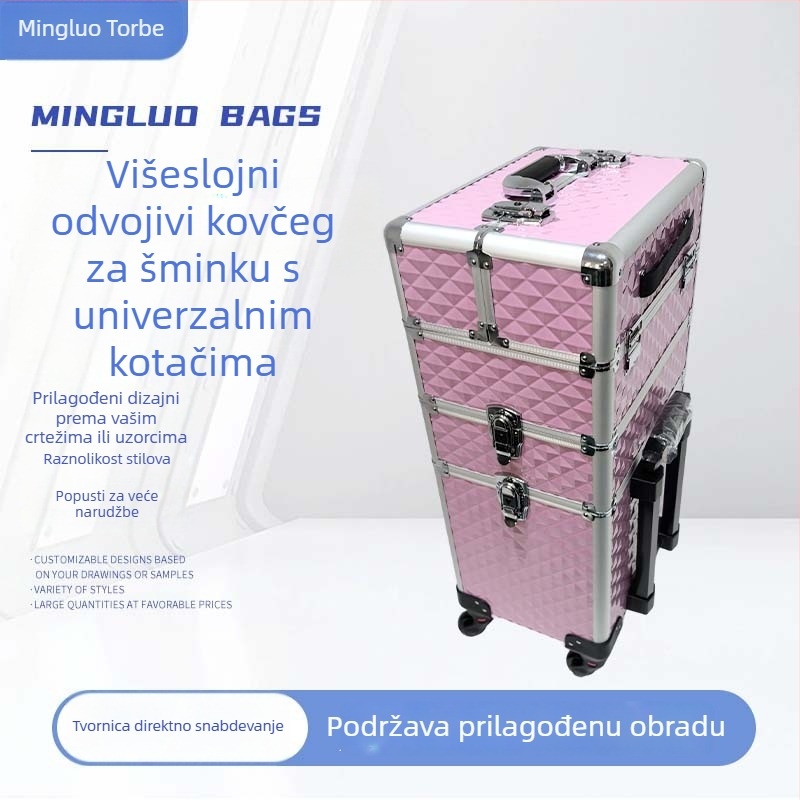 Metalni trodijelni kovčeg za studijski šminker – s vučnom šipkom, univerzalnim kotačićima, zaključavanje katancem, proširivi sloj, EVA podstava