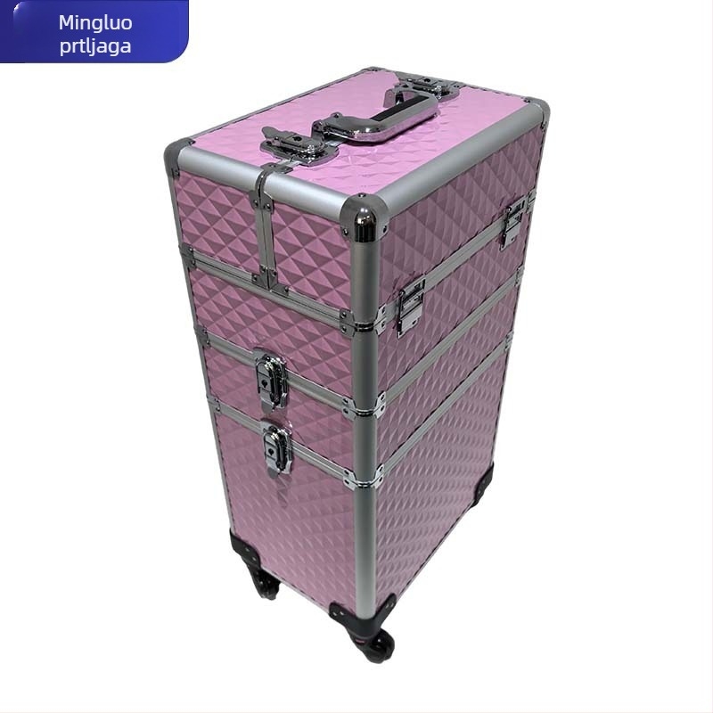 Metalni trodijelni kovčeg za studijski šminker – s vučnom šipkom, univerzalnim kotačićima, zaključavanje katancem, proširivi sloj, EVA podstava