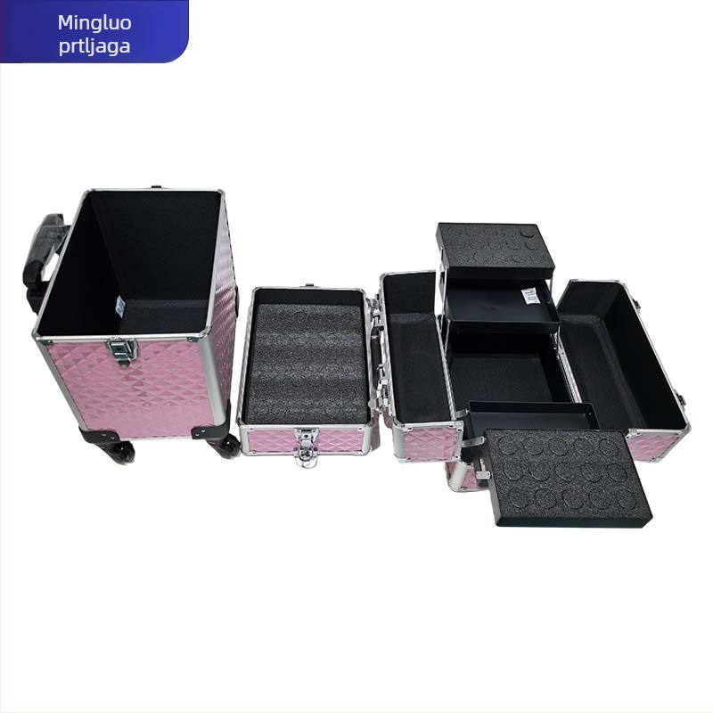 Metalni trodijelni kovčeg za studijski šminker – s vučnom šipkom, univerzalnim kotačićima, zaključavanje katancem, proširivi sloj, EVA podstava