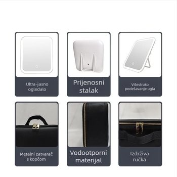 Makeup torbica sa ogledalom i LED svjetlom — PU koža, unisex, svakodnevna uporaba