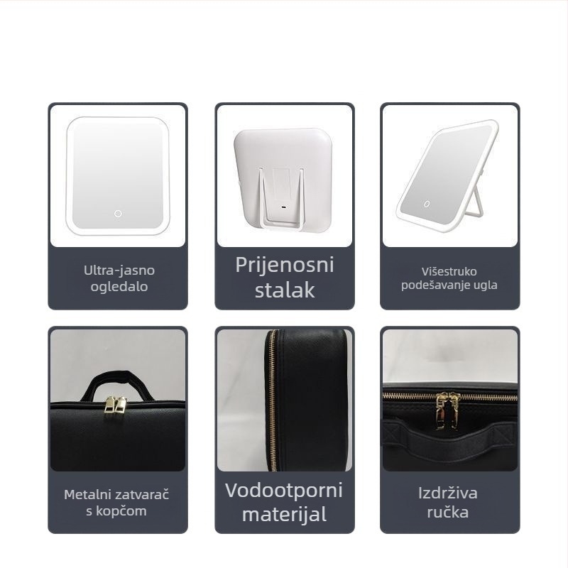 Makeup torbica sa ogledalom i LED svjetlom — PU koža, unisex, svakodnevna uporaba