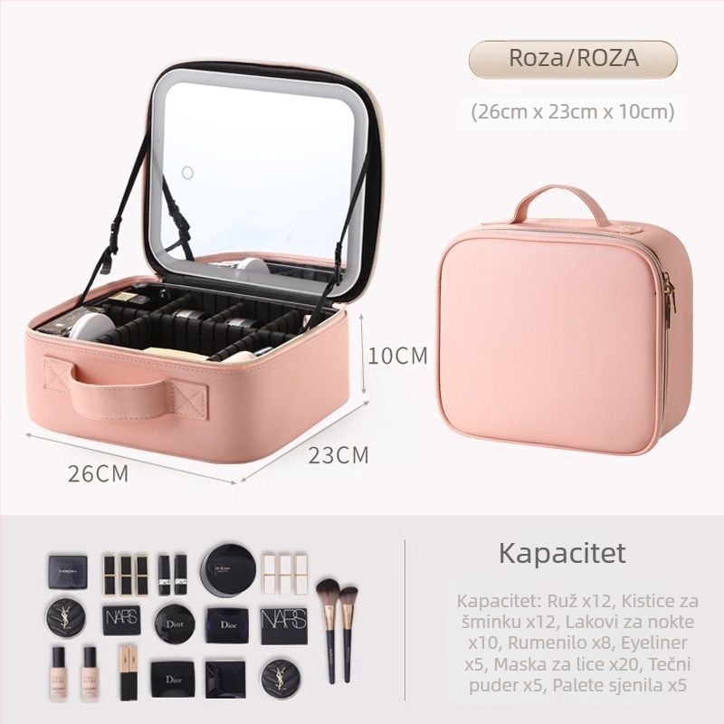 Makeup torbica sa ogledalom i LED svjetlom — PU koža, unisex, svakodnevna uporaba