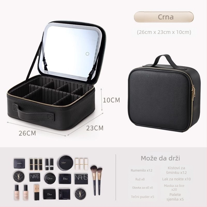 Makeup torbica sa ogledalom i LED svjetlom — PU koža, unisex, svakodnevna uporaba