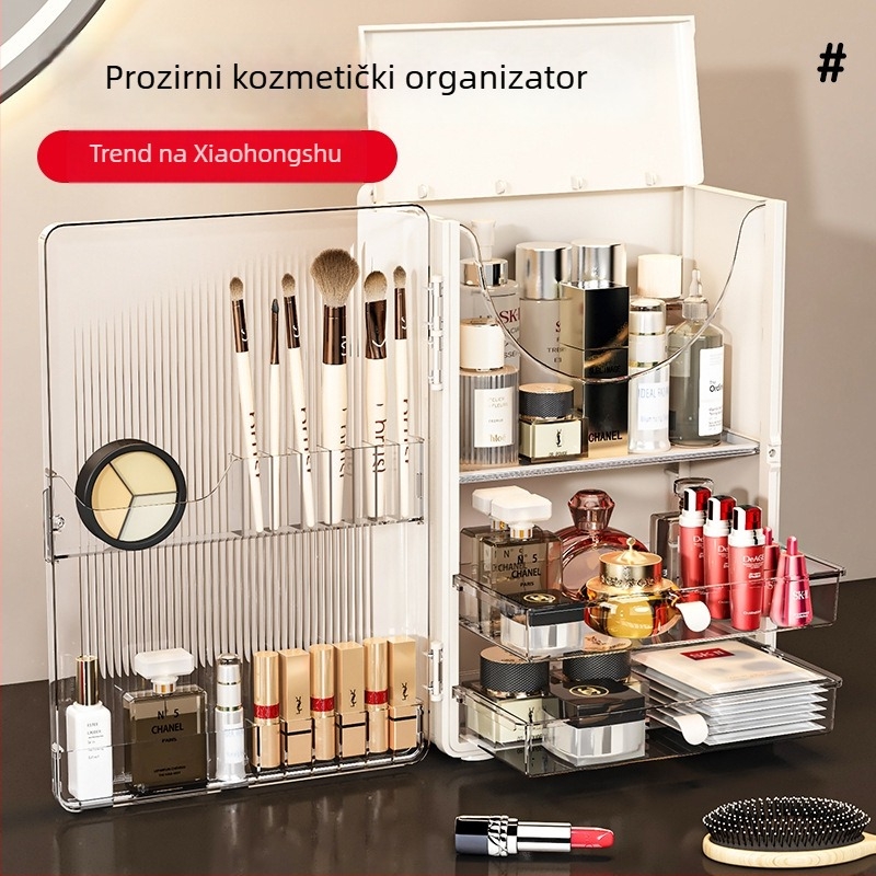 Sklopiva kutija za kozmetiku za stolni prostor — prozirni sustav s ladicama, otporan na prašinu, lagan luksuz, višeslojni organizator njege kože