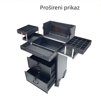 Prijenosna kozmetička kutija na kotačićima za manikuru i tetovaže, metalna konstrukcija, universalni kotačići, zaključavanje bravom, proširivi višerazinski dizajn.