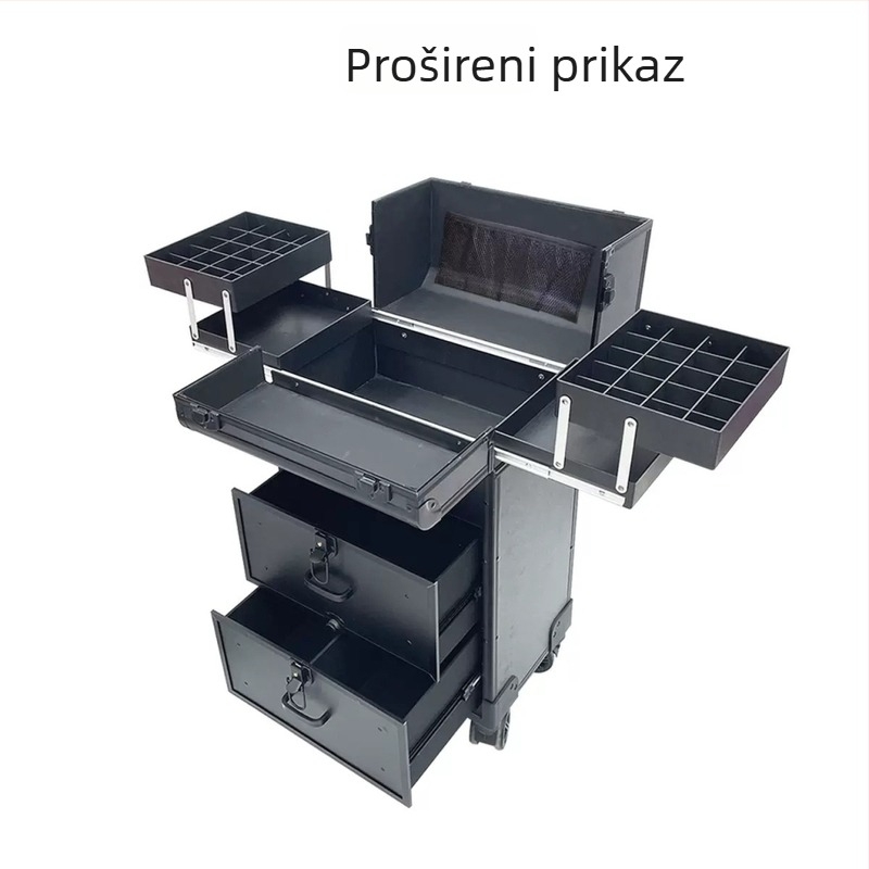 Prijenosna kozmetička kutija na kotačićima za manikuru i tetovaže, metalna konstrukcija, universalni kotačići, zaključavanje bravom, proširivi višerazinski dizajn.