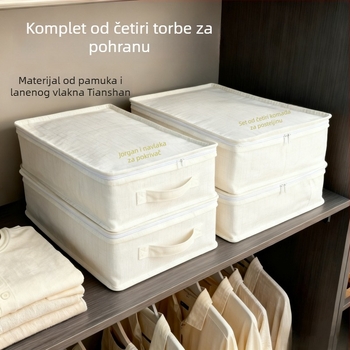 Četverodijelni set torbi za skladištenje odjeće od pamuka i lana, sklopivi organizator za garderobu, pogodan za putovanja, spavaću sobu i dnevni boravak.