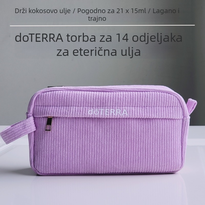 Dotteri torbica za pohranu eteričnih ulja s 14 odjeljcima, korduroj materijal, oblik ručne torbe, model 24617, namijenjena za putovanja