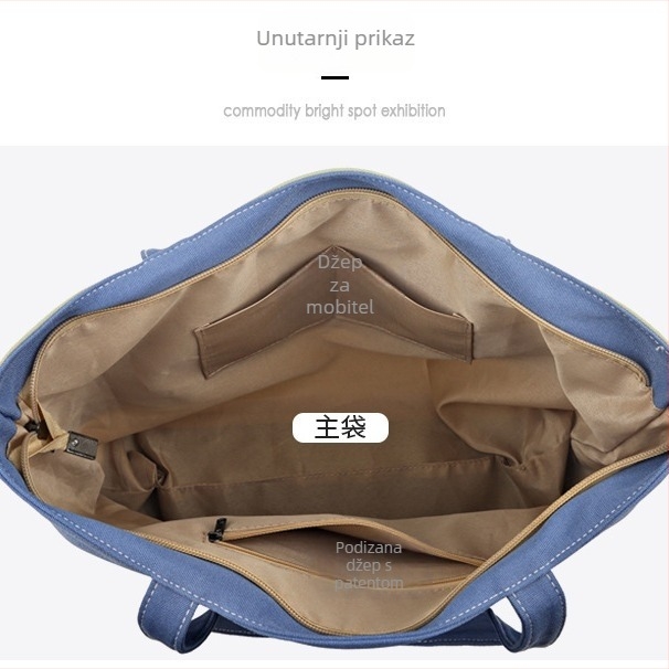 Platnena tote torba za svakodnevnu upotrebu — urbanim jednostavan stil, zatvarač na zatvaranje, vodoravni kvadratni oblik, unutarnja džep sa zipom, džep za telefon i identifikacijsku karticu