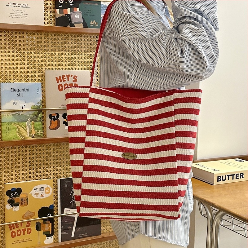 Krosbody torba od platna s prugama, velika kapaciteta, vertikalni kvadratni oblik, unutarnja patch džep