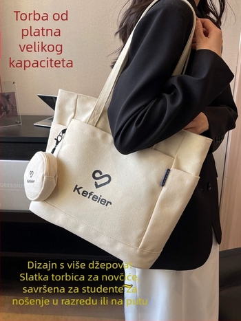 Ženska platnena torba s velikim kapacitetom, gradski minimalistički stil, zatvaranje na zip, unutarnji džep sa zipom i džep za mobitel, vertikalni kvadratni oblik