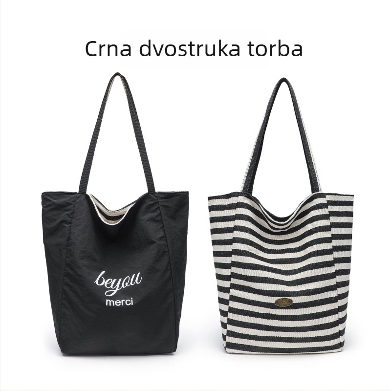 Prugasta dvostrano platnana tote torba, ležerni stil, uspravni kvadratni oblik, otvoreni vrh, dvostruke naramenice