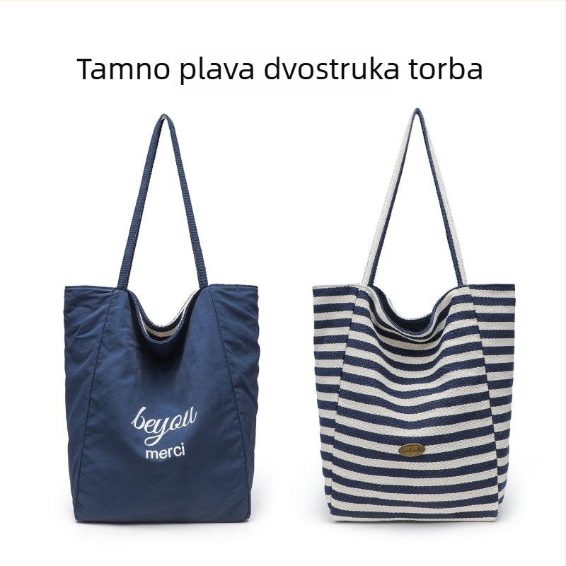 Prugasta dvostrano platnana tote torba, ležerni stil, uspravni kvadratni oblik, otvoreni vrh, dvostruke naramenice