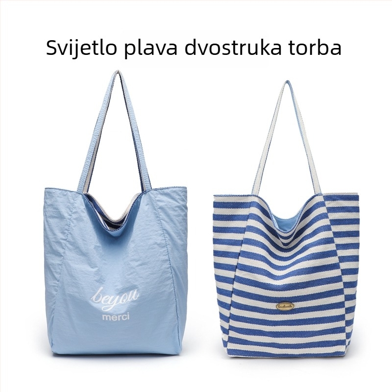 Prugasta dvostrano platnana tote torba, ležerni stil, uspravni kvadratni oblik, otvoreni vrh, dvostruke naramenice