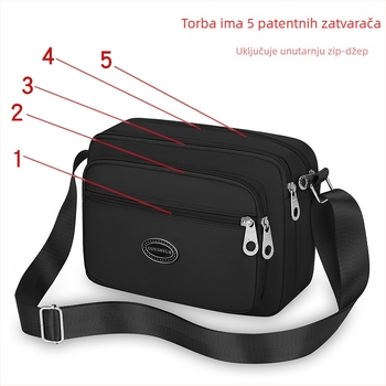 Ženska crossbody torba od Oxford platna, vodoravnog kvadratnog oblika, zatvaranje zipom, unutarnja džep na zip