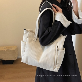 Corduroy Tote Bag Laimai – japanski stil, Instagram stil, više džepova; zatvarač, poliester podstava, horizontalni kvadratni oblik, džep za mobitel i ID karticu
