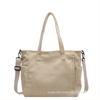 Corduroy Tote Bag Laimai – japanski stil, Instagram stil, više džepova; zatvarač, poliester podstava, horizontalni kvadratni oblik, džep za mobitel i ID karticu